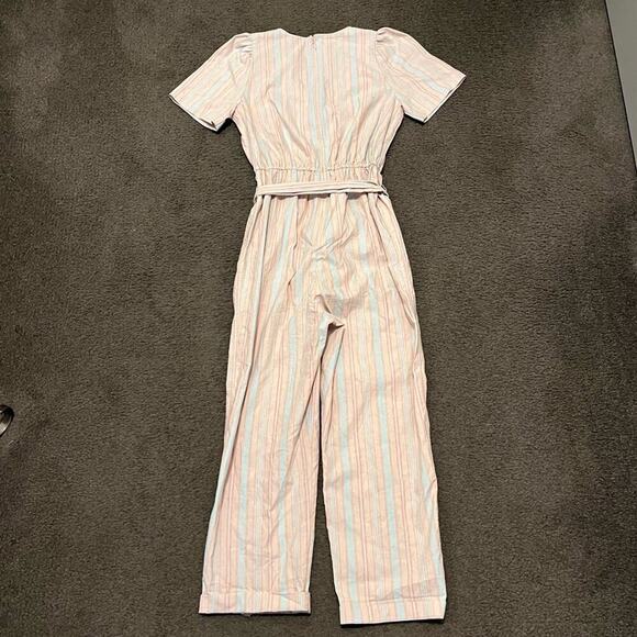 Madewell Striped Puff Sleeve Tapered Linen Jumpsuit Blue Horizon Marant Stripe - Picture 7 of 10